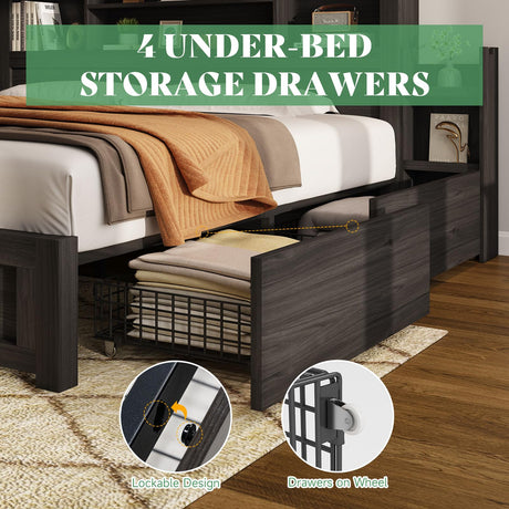 AMERLIFE Full Size Bed Frame with 4 Storage Drawers, LED Bed Frame with 49.6" Tall Bookcase Headboard, Wood Platform Bed with Charging Station & 2 Slide Bedside Shelf, No Box Spring Needed/Black AMERLIFE