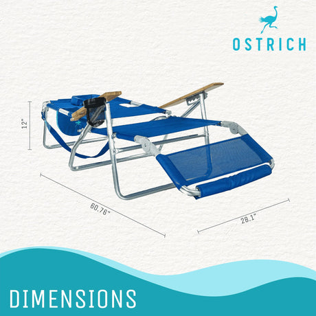 Ostrich 3N1 Lightweight Lawn Beach Reclining Lounge Chair with Footrest, Outdoor Furniture for Patio, Balcony, Backyard, or Porch, Blue Ostrich