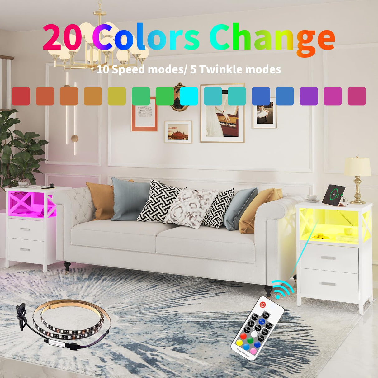 HDDDZSW LED Nightstand with Charging Station, Side Table with USB Ports and Outlets, End Table for Small Spaces, White Bedside Tables with Fabric-Wood 2-in-1 Drawer for Bedroom, Living Room, Office HDDDZSW