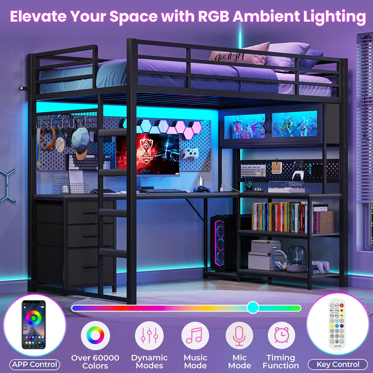 ADORNEVE Twin Size Loft Bed with L-Shaped Gaming Desk, Storage Drawers & Hutch, Expanded Safety Power Outlet, Metal Loft Bed Frame with RGB Lights, Space Saving for Teens, Black ADORNEVE