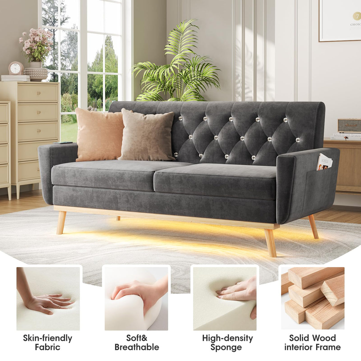 Fameill 65" Loveseat Sofa Couch, Mid Century Modern Love Seat Small Couch with Soft Cushion, LED Light, Crystal Button Tufted, Upholstered Comfy Small Couch for Living Room, Bedroom Fameill