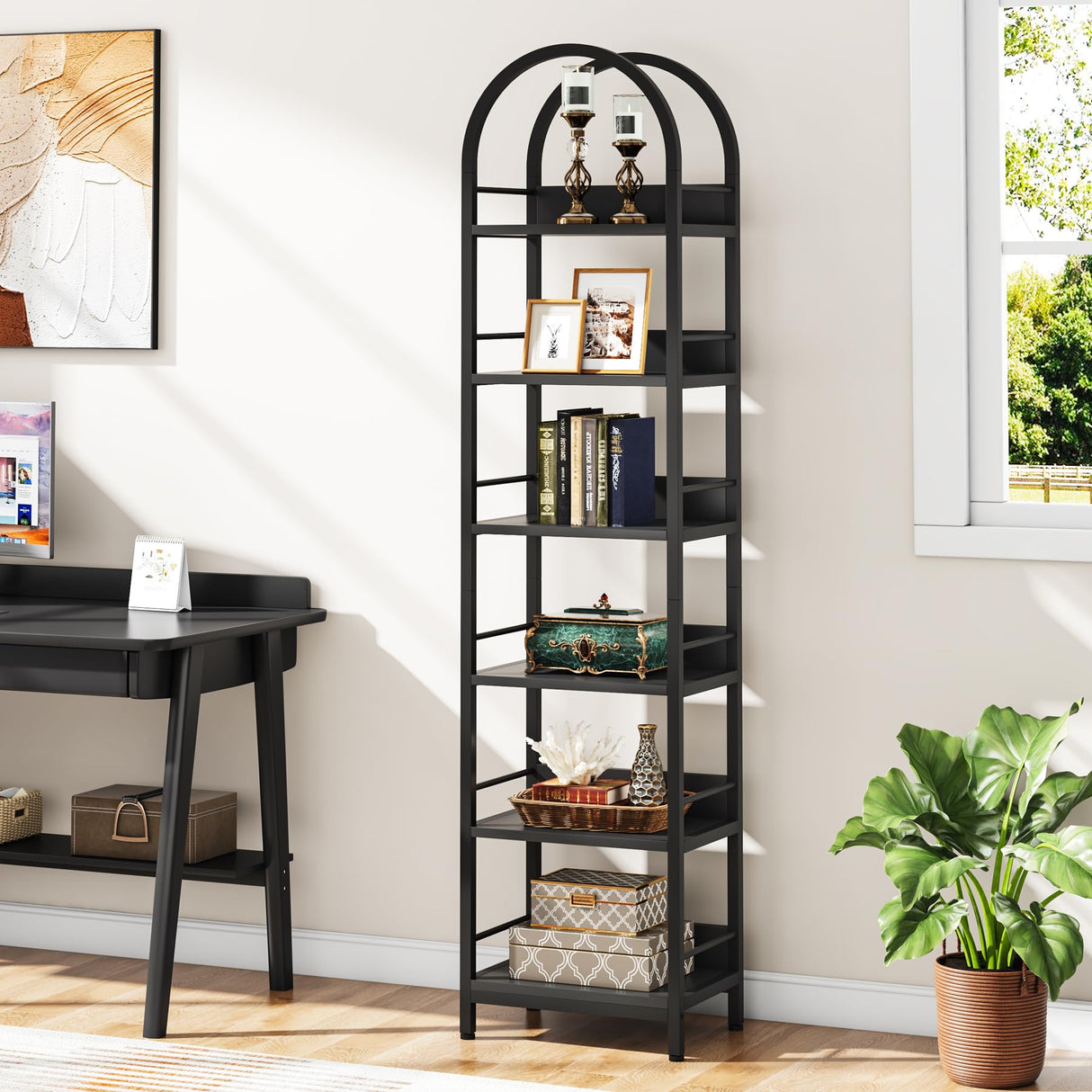 Tribesigns 78.7" Arched Industrial Wood 6-Tier Bookshelf with Metal Frame - Black Storage Organizer Tribesigns