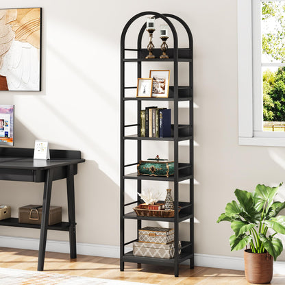 Tribesigns 78.7" Arched Industrial Wood 6-Tier Bookshelf with Metal Frame - Black Storage Organizer - WoodArtSupply