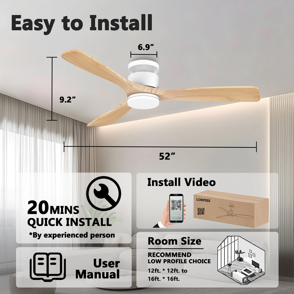 52 Inch Smart Flush Mount Ceiling Fans with Lights Remote,Wood Outdoor Indoor Ceiling Fan,WIFI Alexa App Control,Quiet DC Motor,Modern Low Profile Fan LED Lighting for Bedroom Patio,White & Light Wood Lorpies