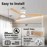 52 Inch Smart Flush Mount Ceiling Fans with Lights Remote,Wood Outdoor Indoor Ceiling Fan,WIFI Alexa App Control,Quiet DC Motor,Modern Low Profile Fan LED Lighting for Bedroom Patio,White & Light Wood Lorpies