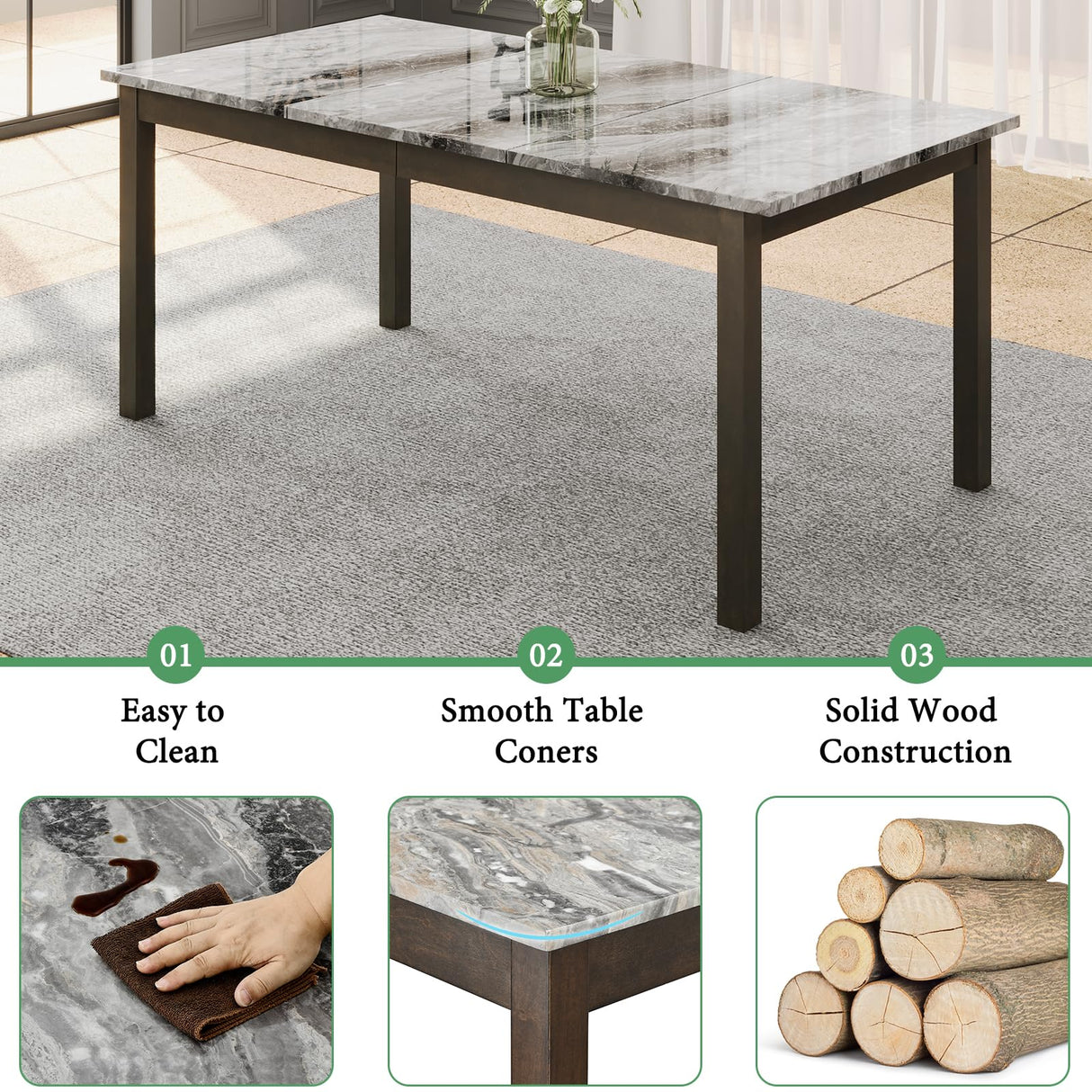 AMERLIFE 7-Piece Dining Table Set, 71" Faux Marble Modern Table with 6 PU Leather Upholstered Chairs, Heavy-Duty Solid Wood Set for Kitchen & Dining Room, Dark Brown AMERLIFE