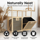 TidyHub Double Tilt Out Laundry Hamper with Shelf - Durable Bamboo Hamper with 2 Removable Laundry Liner Fabrics, Easy Grab Handle & Manual - Pull Out Laundry Hamper Cabinet for Clothes Towels Toys TidyHub