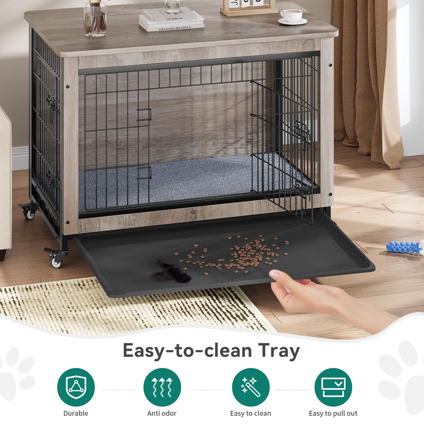 YITAHOME Dog Kennel Furniture with Wheels, Wooden Dog Crate Furniture with Cushion, Dog Crate End Table with Tray, 38" Dog Cage with Double Doors for Small/Medium Dog (Gray)