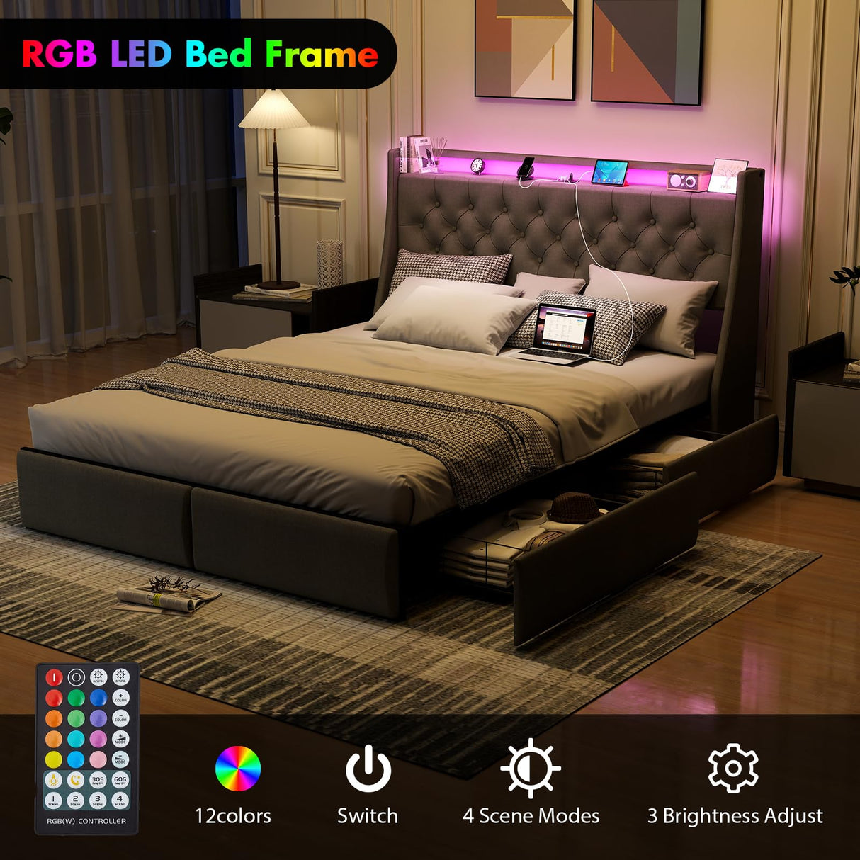 Doltoro Queen Size Bed Frame with 4 Storage Drawers, LED Lights, and Charging Station Doltoro