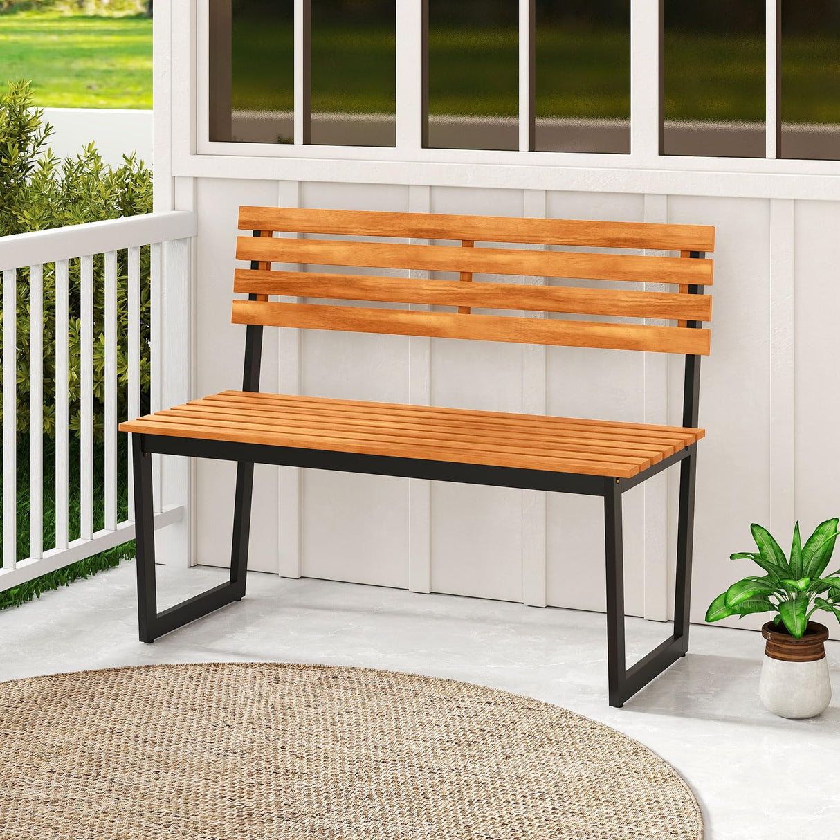 Giantex Outdoor Bench, 43"×22"×33" Acacia Wood Patio Loveseat with Backrest, Heavy Duty Metal Frame, 800 lbs Weight Capacity, 2-Person Garden Bench for Lawn, Porch, Yard and Park Giantex