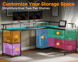 ODK 59" L Shaped Gaming Desk with LED Lights, Power Outlets, and Storage Solutions in Black Carbon Fiber ODK