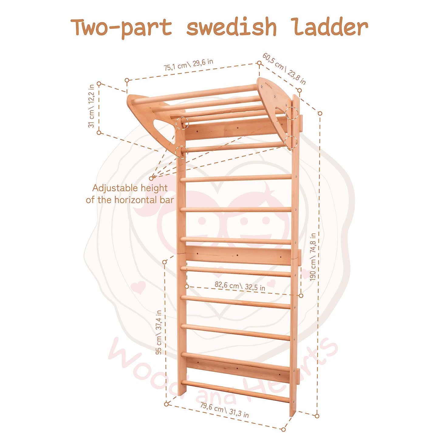 Woodandhearts Swedish Ladder Wall Kids, Swedish Ladder Gym, Indoor Monkey Bars with Climbing Rope with Wooden Spheres in Turquoise and Mint Color