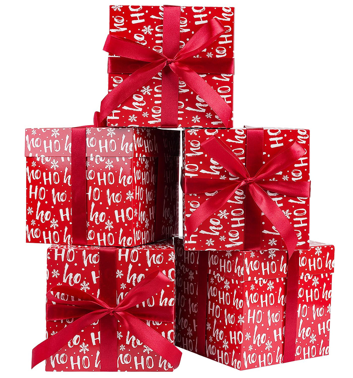 Jaywayang 5 Pack Red Christmas Gift Boxes with Lids, Ribbons and Tissue Papers Square Gift Boxes - 7.1 Inch - Presents Wrapping Christmas Gift Holiday New Year Party Favor Boxes. Jaywayang