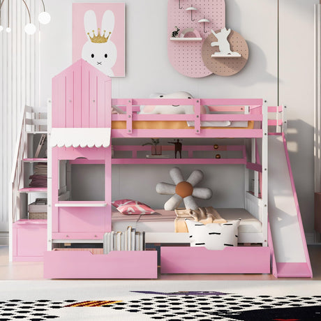 Kids Full Bunk Bed with Stairs and Slide, Wood Full Over Full Bunk Bed with Storage Drawers and Shelves, Castle Style Bunk Beds for Kids Teens Girls Boys, Pink Bellemave