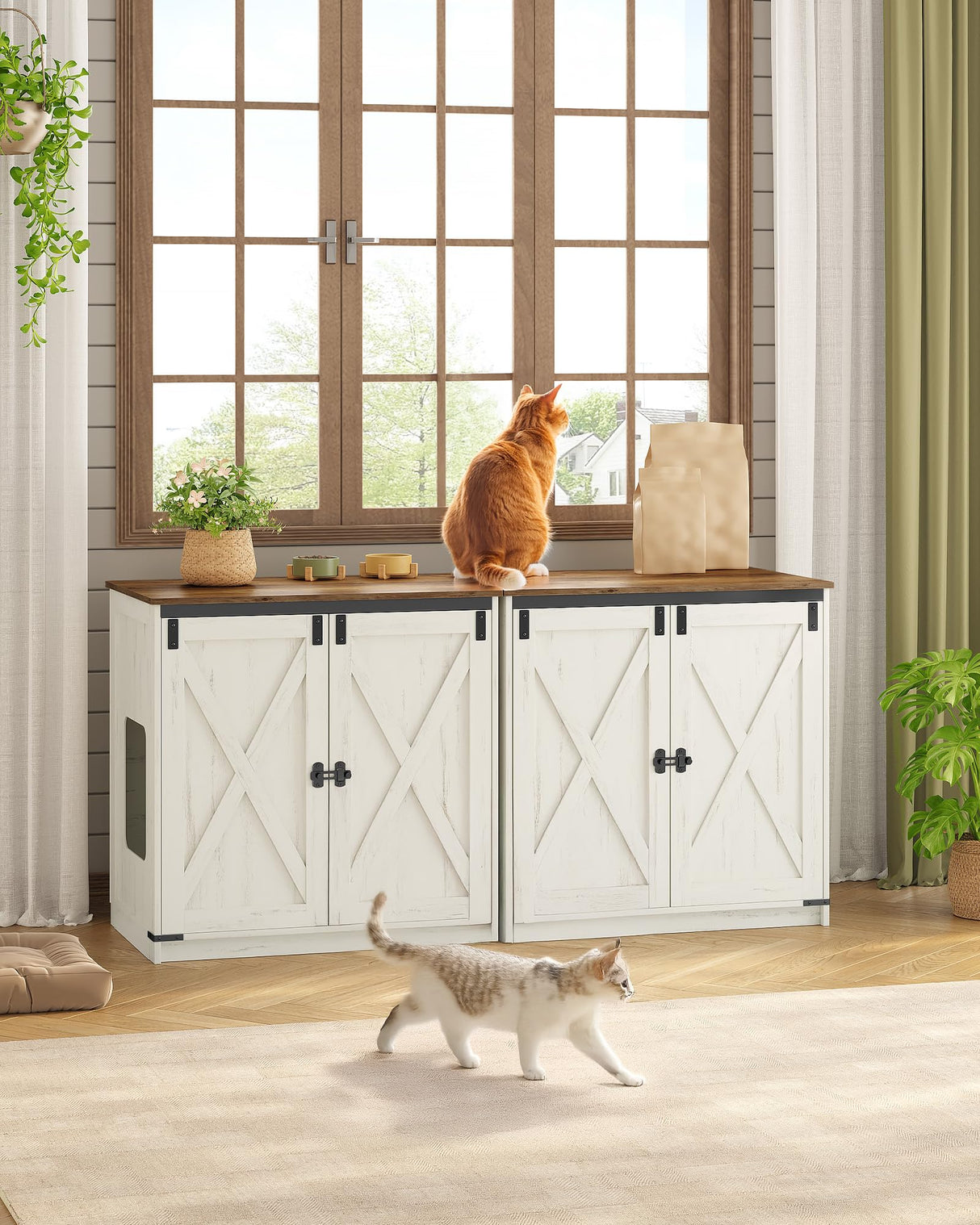 Hzuaneri Cat Litter Box Enclosure Enclosed, Hidden Litter Box Furniture Cabinet Large, Wooden Indoor Cat House with Adjustable Shelf for Top Entry Litter Box, Farmhouse Rustic Brown and White CB85414X Hzuaneri