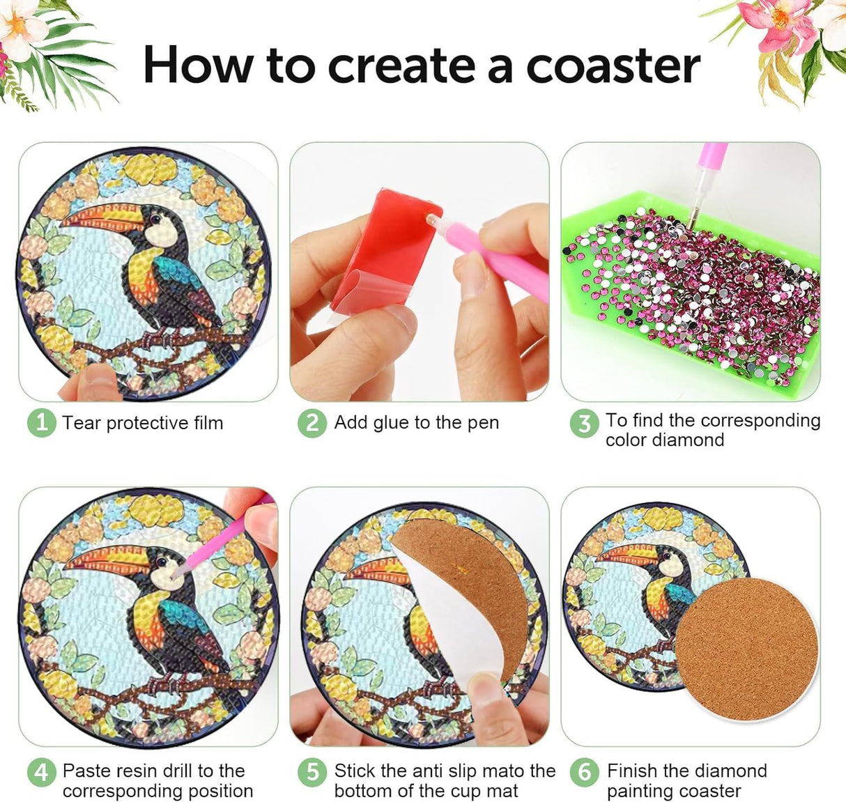 croshom 8 PCS Birds Diamond Art Coasters Diamond Painting Coasters Kits with Holder, Birds DIY Coasters for Adult Beginners, Diamond Art Crafts Supplies croshom