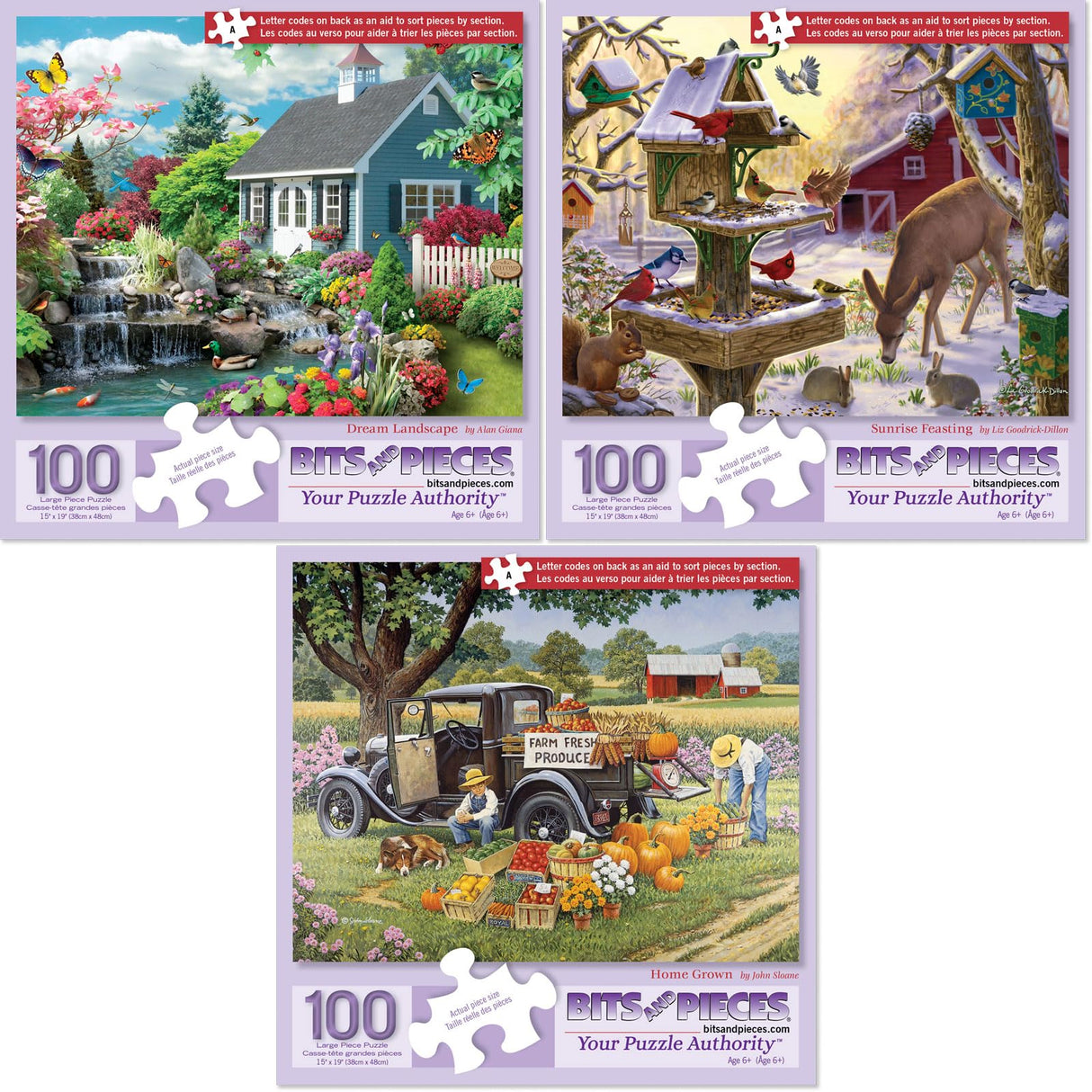 Bits and Pieces – Value Set of Three 100 Piece Jigsaw Puzzles for Adults – Dream Landscape, Home Grown, Sunrise Feasting, Completed Puzzle Size: 15" x 19" Bits and Pieces