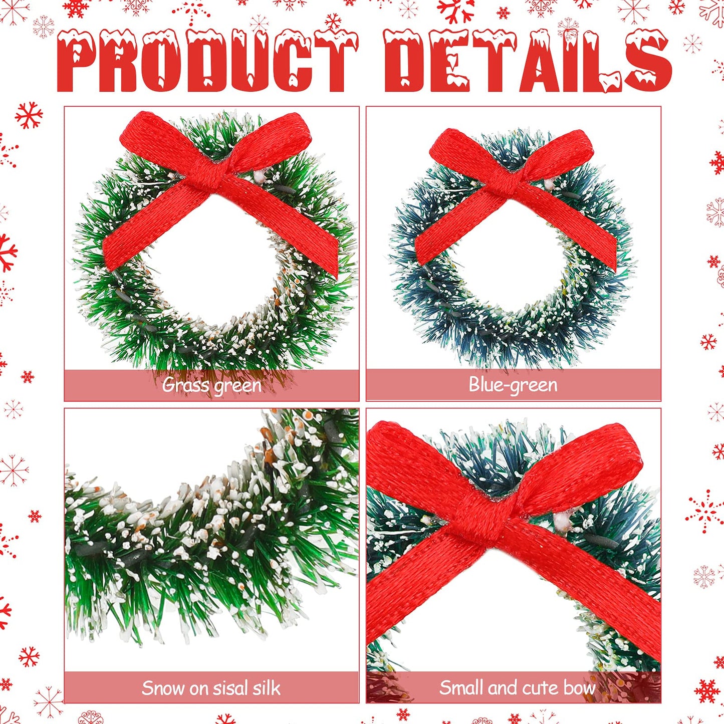 Dingion 48 Pieces Mini Christmas Wreaths with Bows Include 1 Inch Blue Green 1.2 Inch Grass Green for Christmas Tree Decoration (Simple Style)