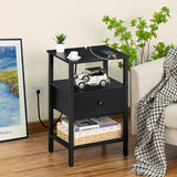 Lerliuo Nightstand with Charging Station and USB Ports, 3-Tier Storage End Table with Drawer Shelf, Night Stand for Small Spaces, Wood Bed Side Table for Living Room, Bedroom - Classic Black Lerliuo