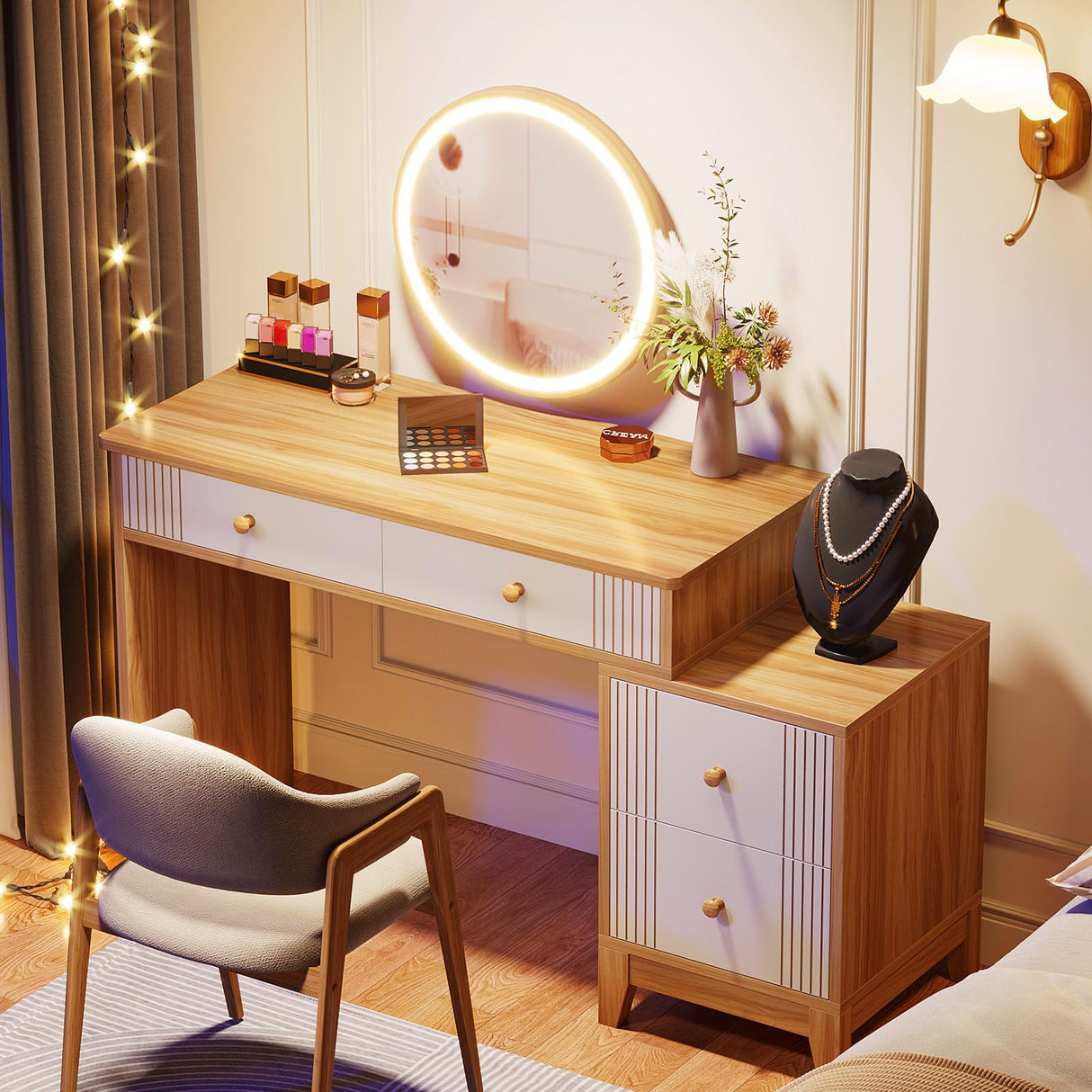 Tribesigns Vanity Desk with 4 Large Drawers, 51-Inch Makeup Vanity Table for Women Girls, Modern Dressing Table Set for Makeup Room, Bedroom (Light Walnut, Without Mirror & Stool) Tribesigns