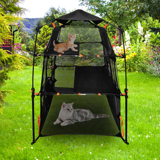 Catio Outdoor Cat Enclosures Tent, 3 Tier Outside Cat Enclosure for Indoor Cats, Extra Large Cat Tent Outdoor with 5 Windows, Portable Outdoor Cat Playpen for Rabbits Ferrets Puppy and Small Animals