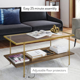 Nathan James Asher Mid-Century Rectangle Coffee Table Glass Top and Rustic Oak Storage Shelf with Sleek Brass Metal Legs, Gold Nathan James
