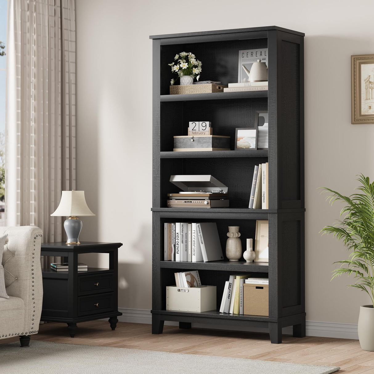 IDEALHOUSE 71" Farmhouse Bookshelf w/Adjustable Shelves & 31.5 in Whidth, 5 Tier Tall Bookshelf with Wooden Legs, Vintage Wooedn Book Shelf for Living Room Office (Black, 71.3" H x 31.5" W x 11.8" D) IDEALHOUSE