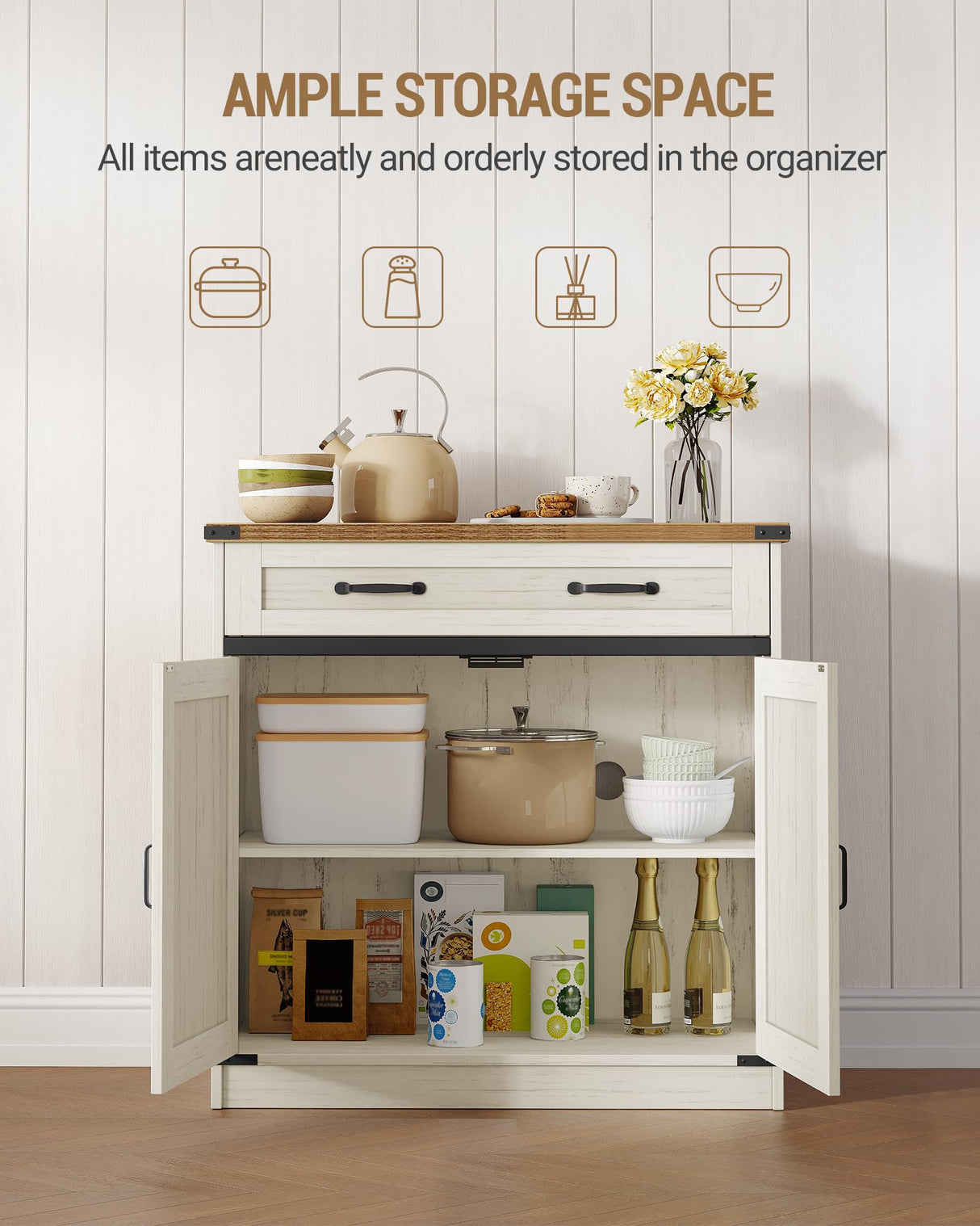 Hzuaneri Kitchen Storage Cabinet, Buffet Cabinet with Storage, Modern Farmhouse Sideboard Cabinets with Drawer, 31.5" Coffee Bar Cabinets with Doors & Adjustable Shelves, for Kitchen, White Brown Hzuaneri