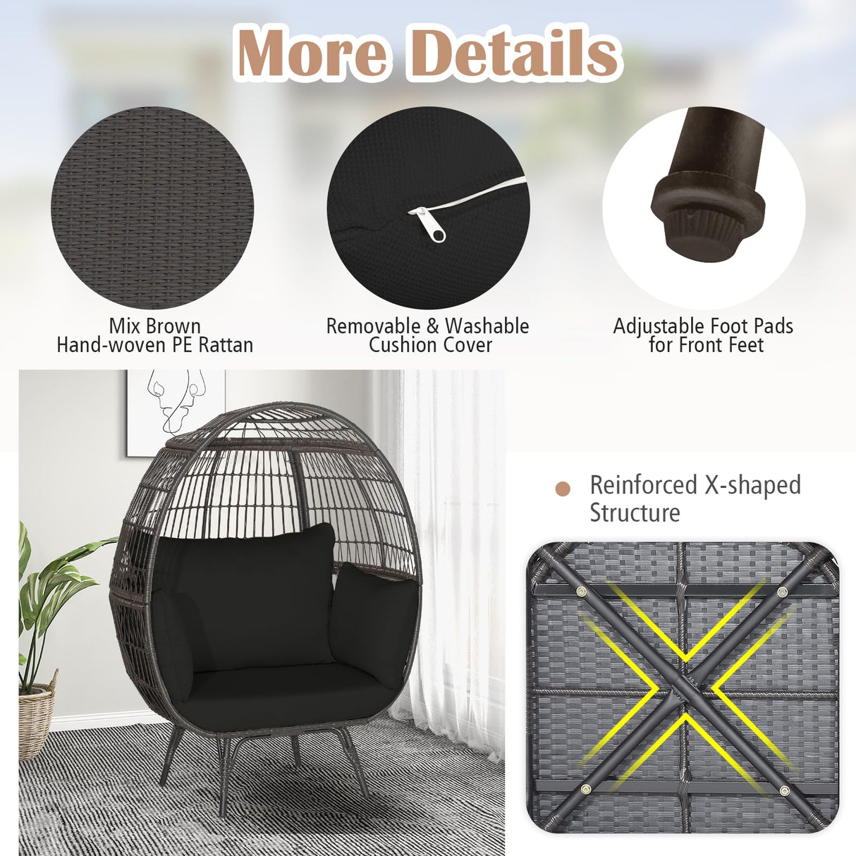 Giantex Oversized Wicker Egg Chair, Outdoor & Indoor Hammock Chair with Thick Cushions, 2-Person PE Rattan Lounge Chair Swing Chair for Patio, Backyard,Porch, 450 LBS Weight Capacity (Black) Giantex