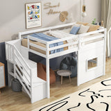 SOFTSEA Twin Low Loft Bed with Storage Stairs – Durable Wood Frame for Kids & Teens, White SOFTSEA