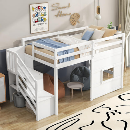 SOFTSEA Twin Low Loft Bed with Storage Stairs – Durable Wood Frame for Kids & Teens, White