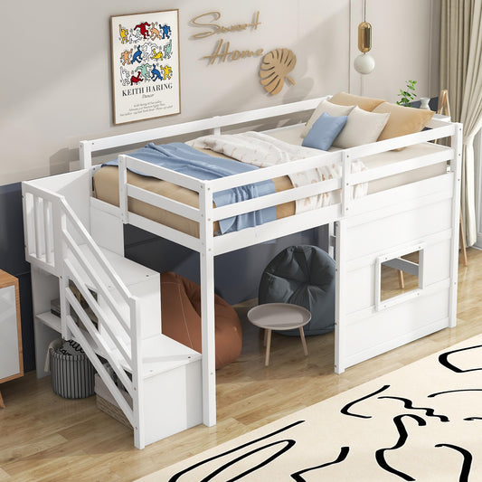 SOFTSEA Twin Low Loft Bed with Storage Stairs – Durable Wood Frame for Kids & Teens, White - WoodArtSupply