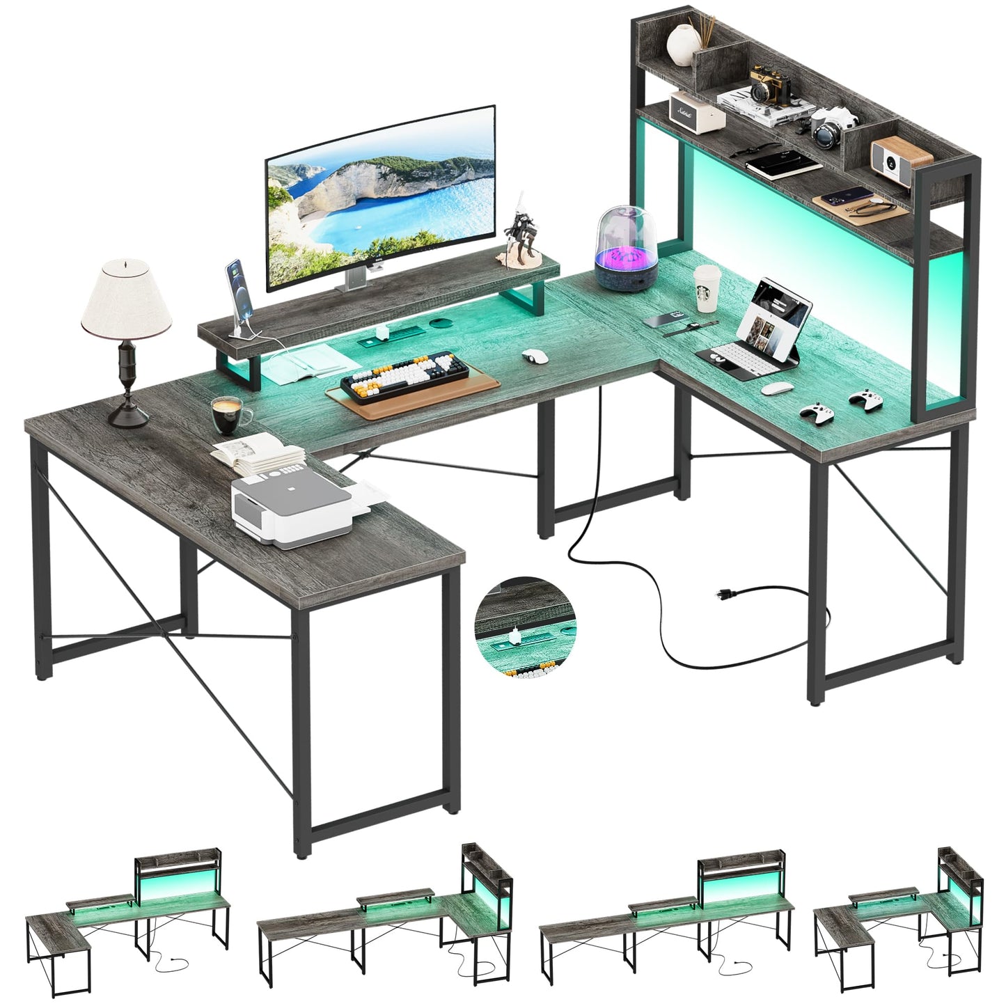 Unikito DIY U Shaped Computer Desk with Hutch, Reversible L Shaped Office Desk with Power Outlets and LED Strip, Customizable Large 98 Inch L Shape Gaming Corner Desk with Monitor Stand, Black Oak