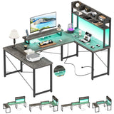 Unikito DIY U Shaped Computer Desk with Hutch, Reversible L Shaped Office Desk with Power Outlets and LED Strip, Customizable Large 98 Inch L Shape Gaming Corner Desk with Monitor Stand, Black Oak Unikito