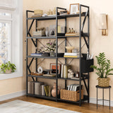 Gizoon 5 Tier Industrial Bookshelf, 65" H Reversible Corner Bookshelf, Bookcase, Freestanding Display Shelf, with 4 Hooks, a Storage Basket, Metal Frame, for Living Room, Kitchen, Office, Black Gizoon