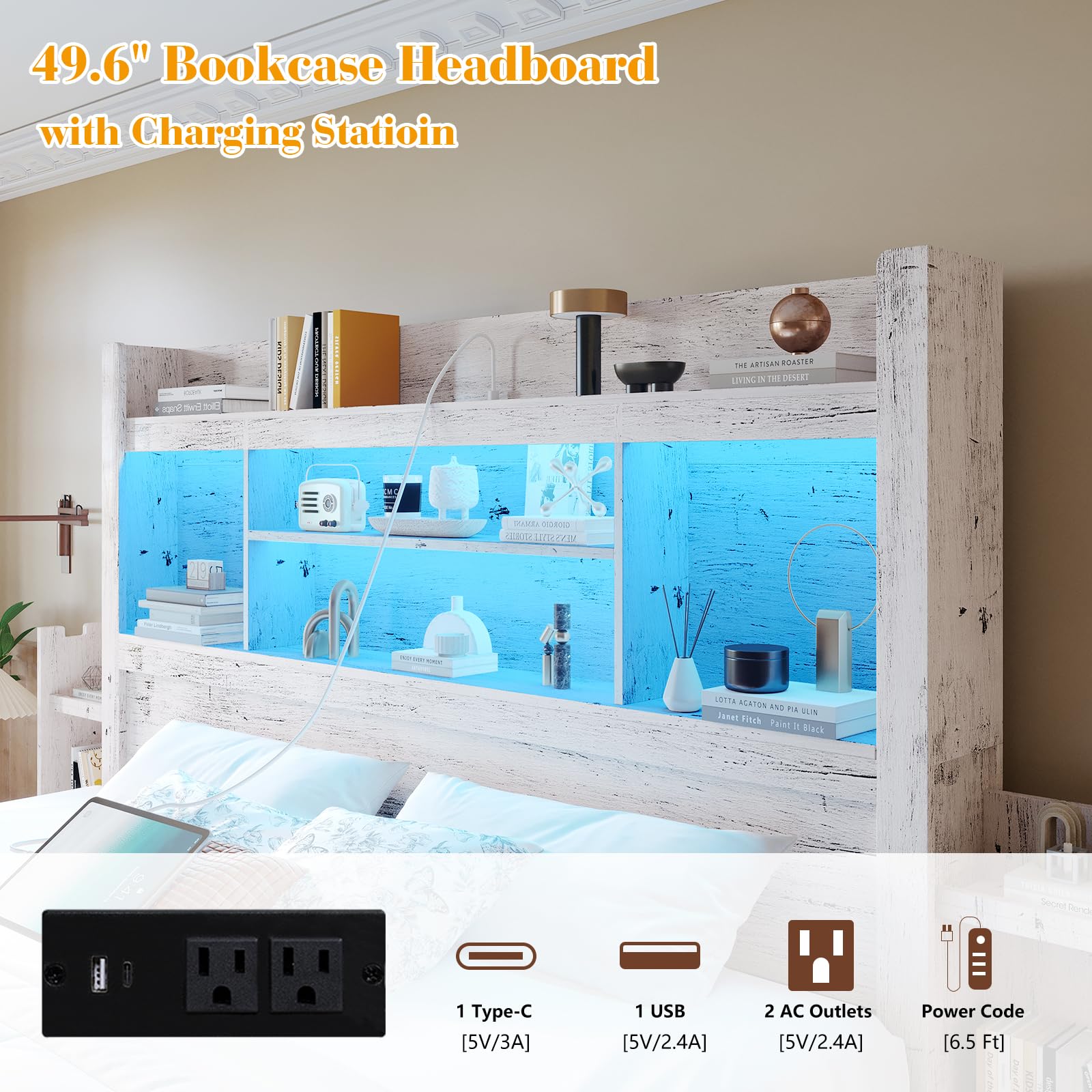 LUXOAK Queen Bed Frame with 49.6" Bookcase Headboard & 4 Drawers & 2 Detachable Bedside Stoage Racks, Farmhouse Wood Bed Frame with RGB LED & Charging Station, No Box Spring Needed, Distresse - WoodArtSupply