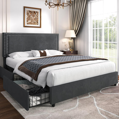 VECELO Queen Size Upholstered Platform Bed Frame with 4 Storage Drawers, Adjustable Velvet Rivets Headboard, Wooden Slats Support, No Box Spring Needed, Easy Assembly VECELO