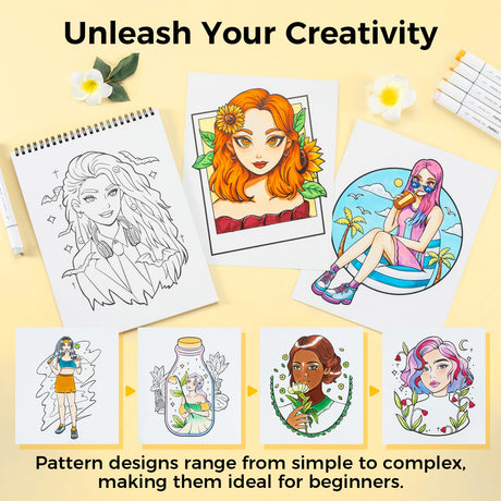 Ohuhu Double-Sided Bleedproof Coloring Book for Alcohol Markers - 8"x10" Portraits of Joy Coloring Book - 20 Sheets/40 Patterns - Top Spiral-Bound Design - Stress-Relieving Gift for Adults Teens Women Ohuhu