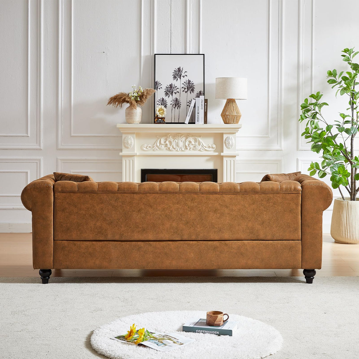 Modern Chesterfield Sofa Couch, 85.5-inch Tech Fabric 3-Seater Sofa with Rolled Arms and Tufted Button for Living Room, Office, Brown Antetek