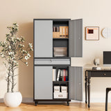 Anxxsu Metal Garage Storage Cabinet with Wheels, 73" Lockable Storage Cabinet with 2 Adjustable Shelves and 1 Drawer for Garage, Utility Room, Warehouse (Black Grey) Anxxsu