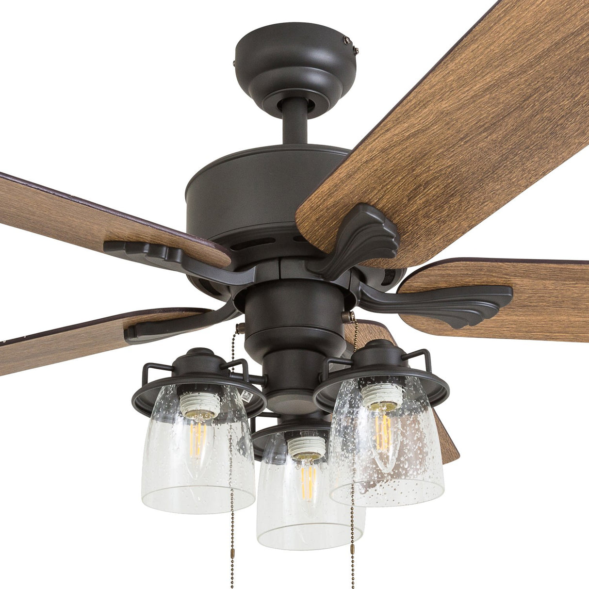 Prominence Home River Run, 52 Inch Farmhouse LED Ceiling Fan with Light, Pull Chain, Three Mounting Options, 5 Dual Finish Blades, Reversible Motor - 50566-01 (Bronze) Prominence Home