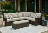 Signature Design by Ashley Brook Ranch Casual Weather Resistant Right Hand Facing Outdoor Sofa Sectional/Bench with Cushion and 6 Throw Pillows, Set of 3, Beige & Dark Brown Signature Design by Ashley