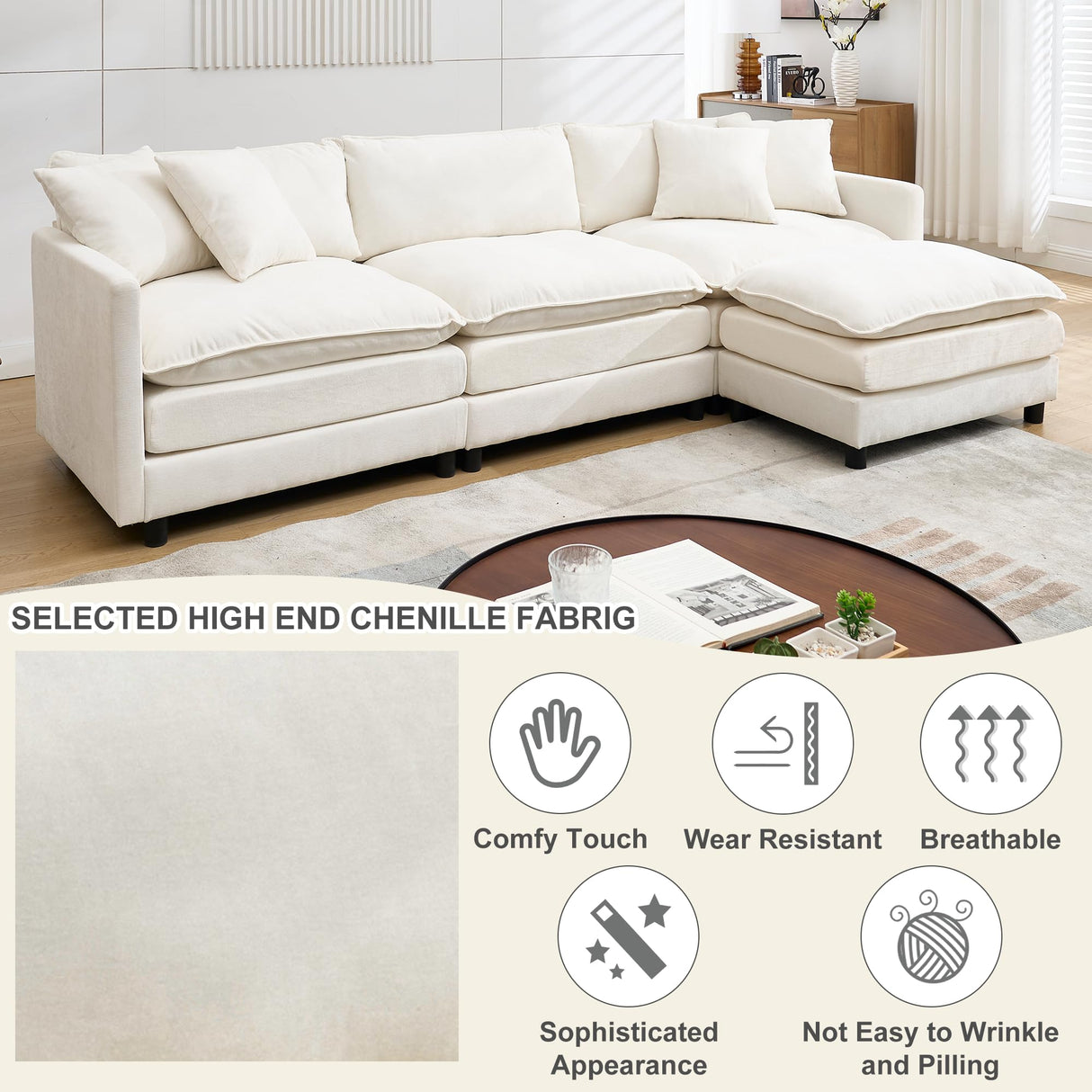Modular Convertible Sectional Couch, 4 Seat L Shaped Sofa Reversible Chaise Sectional Sofa Deep Seat Cloud Couch Chenille for Home, Apartment, Dorm (Cream White, L Shaped) PEIHONGET
