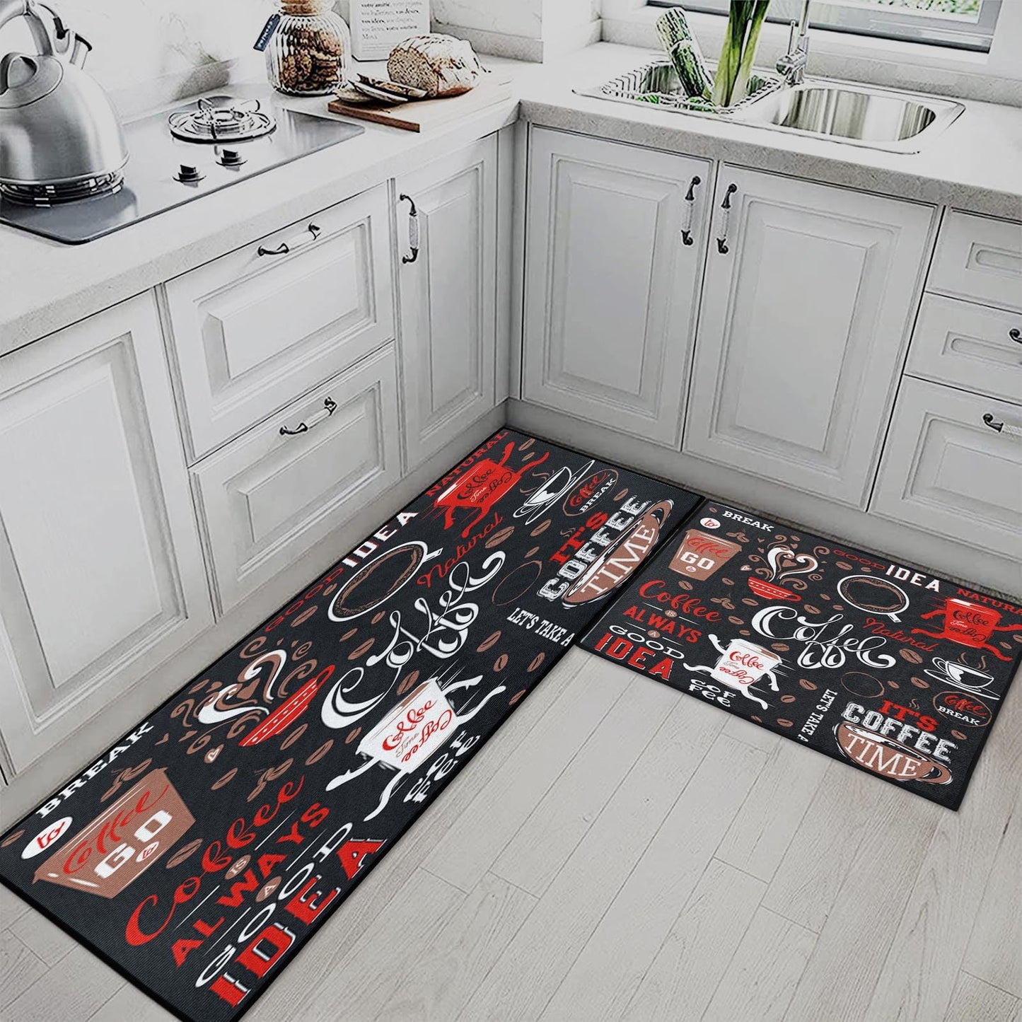 Tayney Coffee Doodle Kitchen Rugs and Mats Non Skid Washable Set of 2, Life Begins After Coffee Kitchen Mats for Floor, Chocolate Cafe Kitchen Runner Rug, Funny Kitchen Decor