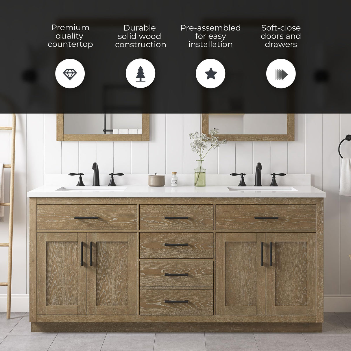 OVE Decors Bailey 72 in. W x 22 in. D x 34.5 in. H Bath Vanity in Driftwood Oak with White Engineered Quartz Top OVE Decors