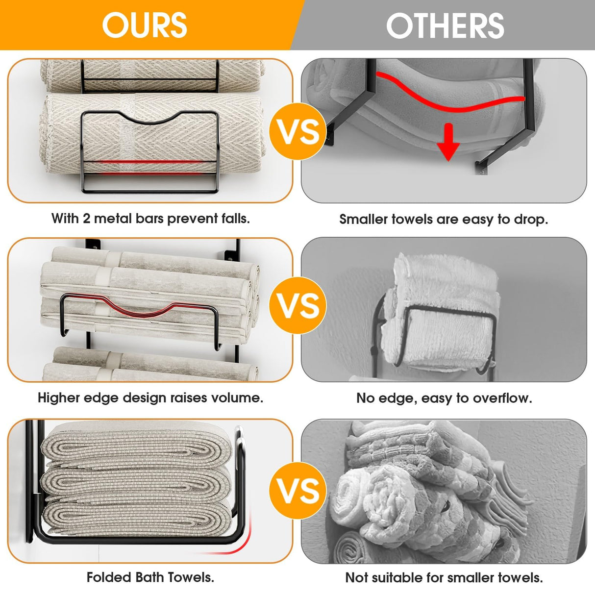 Towel Racks for Bathroom,Towel Rack Wall Mounted, 6 Tier Rolled Or Folded Towel Holder with Floating Shelves, Bathroom Towel Holder for Bath, Hand Towels,Metal and Wood LIDTOP