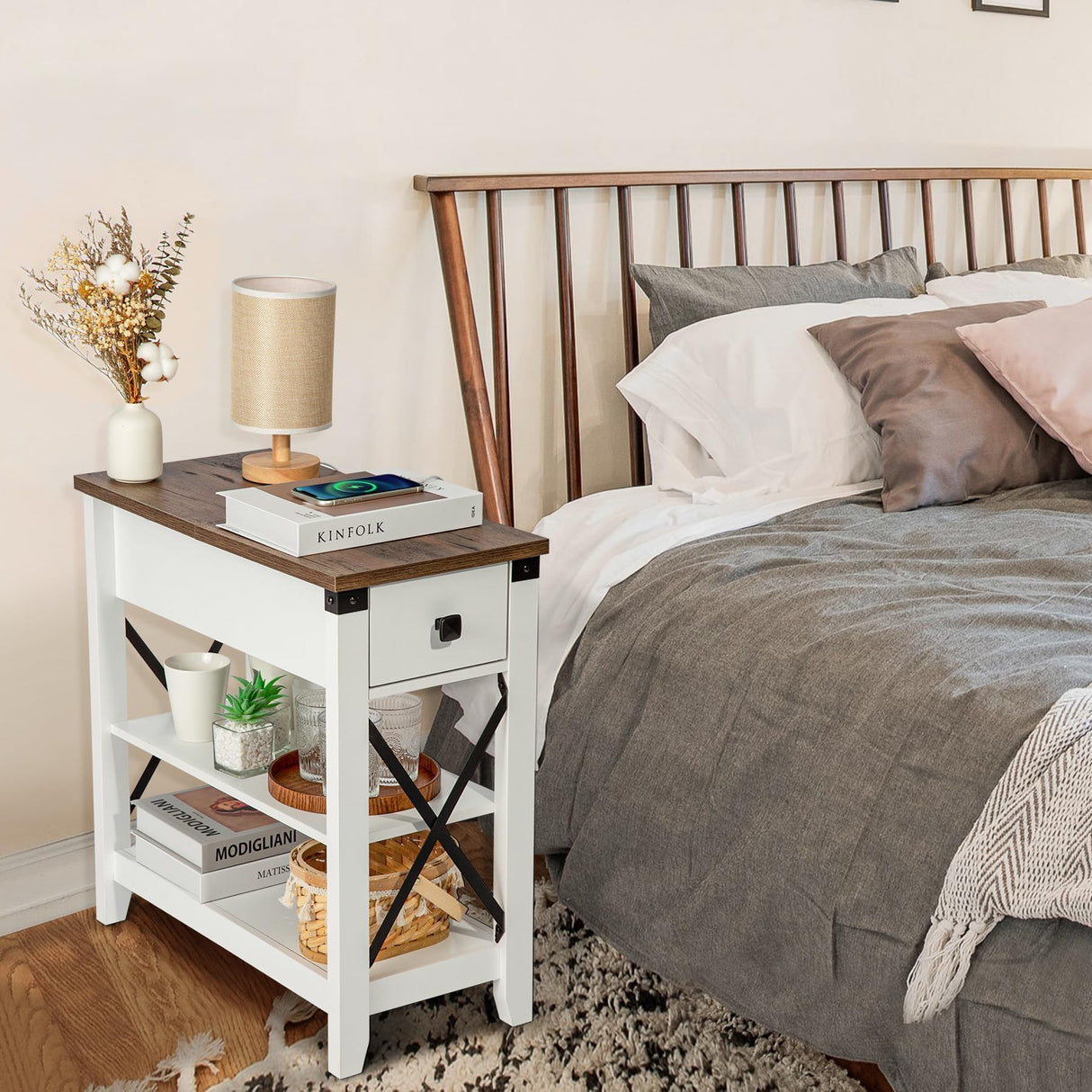 Awescuti Narrow End Table with Charging Station - Farmhouse Slim Side Table Set of 2, w/USB Ports Power Outlets, Nightstand w/Flip Top Storage Drawer, for Small Spaces Living Room Bedroom, Brown White Awescuti