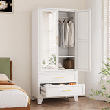 winiowa Metal Armoire Wardrobe Closet with 2 Drawers, 71" Wardrobe Cabinet with Adjustable Shelves and Hanging Rod, Clothing Storage Cabinet Closet with Mirror for Bedroom-White winiowa