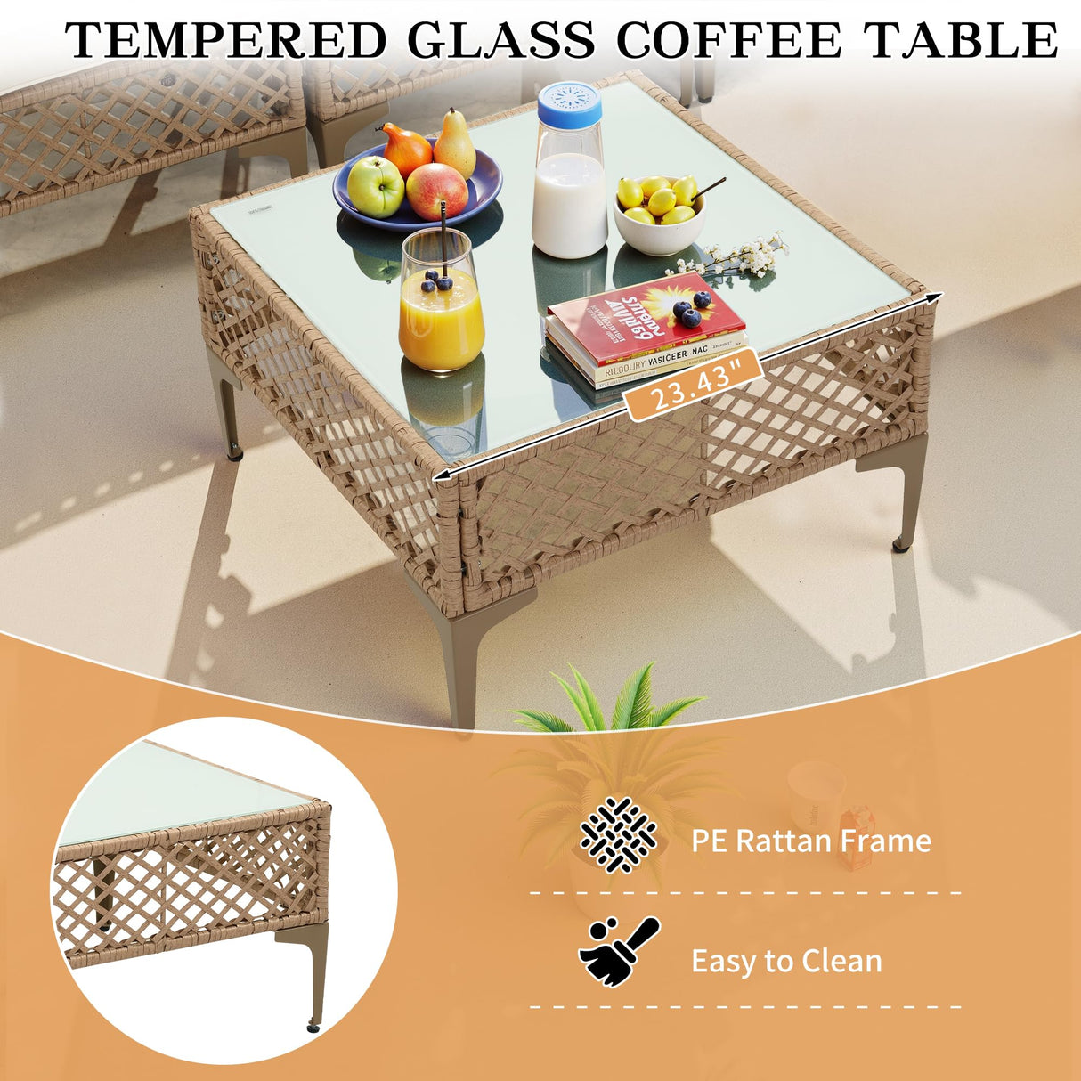 FHFO 7 Piece Outdoor Wicker Patio Furniture Set, Rattan Sectional Sofa Couch, Patio Conversation Set with Cushion & Coffee Table, for Backyard Poolside Porch Garden, Yellow/Beige FHFO