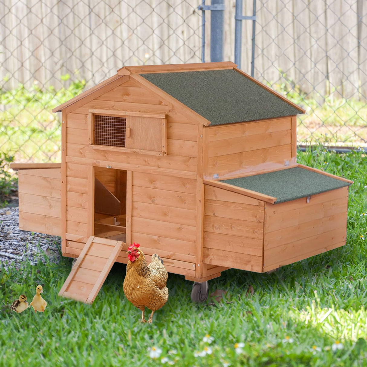 Large Chicken Coop with Wheels,Mobile Hen House for 6-8 Chicken,Portable Chicken House with Nesting Box,Wooden Poultry Cage,Waterproof Rabbit Cage,Duck Coop ECOLINEAR